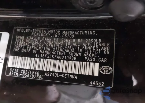 2010 Toyota Camry Le из США, поврежденный, VIN 4T1BF3EK7AU010498